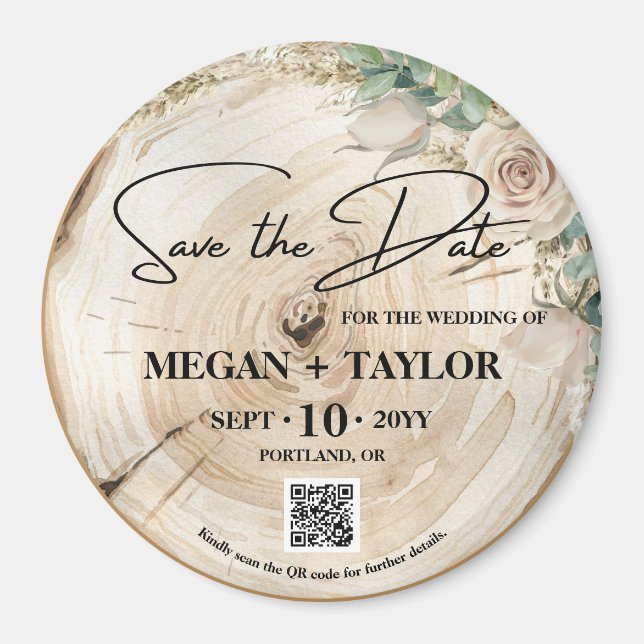 Rustic Wood Save Date No Photo QR Code Magnet (Framsidan)