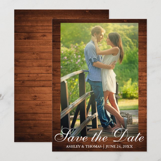 Rustic Wood Save the Date Förlovning Photo Inbjudningar (Fram/baksida)