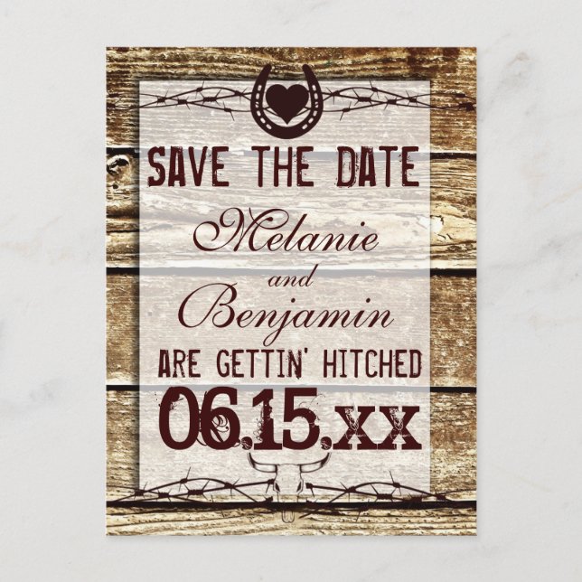 Rustic Wood Save the Date Get Hitched Postcard Meddelande Vykort (Framsida)