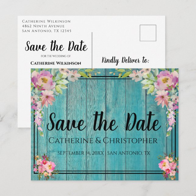 Rustic Wood Save the Date Rosa Blommigt Notificati Vykort (Fram/baksida)