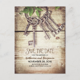 Rustic Wood Save the Date with Skeleton Nycklar Meddelande Vykort
