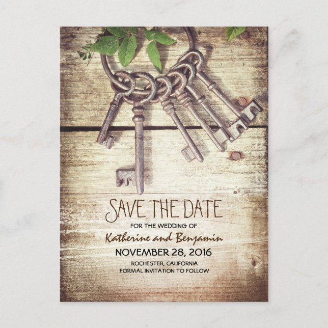 Rustic Wood Save the Date with Skeleton Nycklar Meddelande Vykort (Framsida)