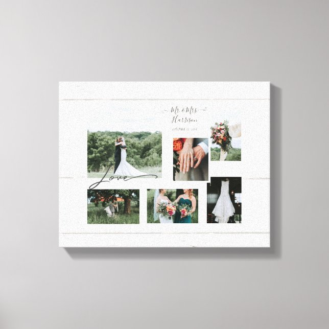 Rustic Wood Script Bröllop Collage 6-foton Canvastryck (Framsida)
