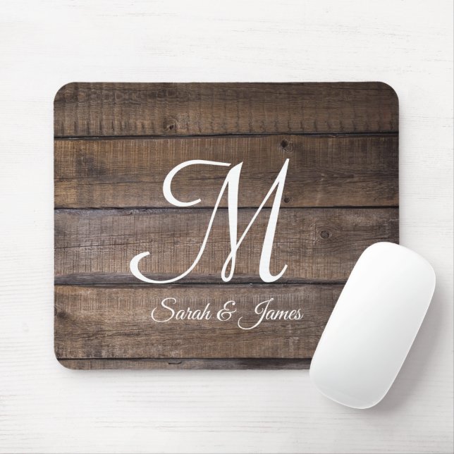 Rustic Wood Script Monogram Namn Musmatta (Med mus)