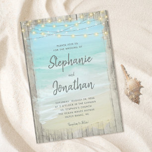 Rustic Wood Script String Ljus Beach Wedding Inbjudningar