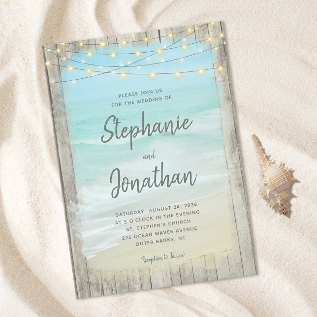 Rustic Wood Script String Ljus Beach Wedding Inbjudningar (Skapare uppladdad)