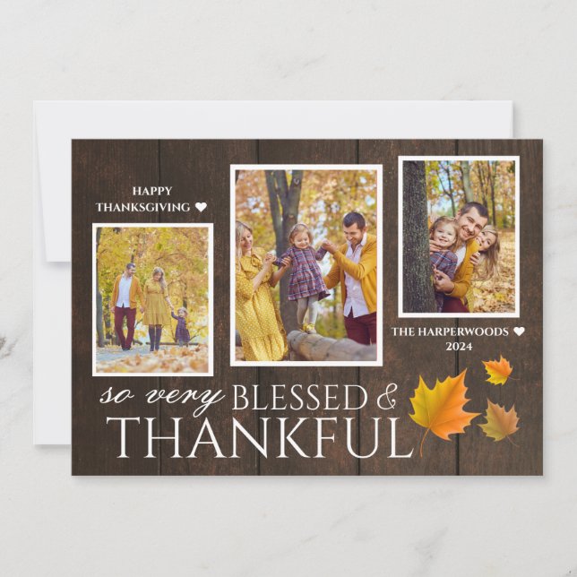 Rustic Wood Script thanksgiving-familj 3 foto Julkort (Framsida)