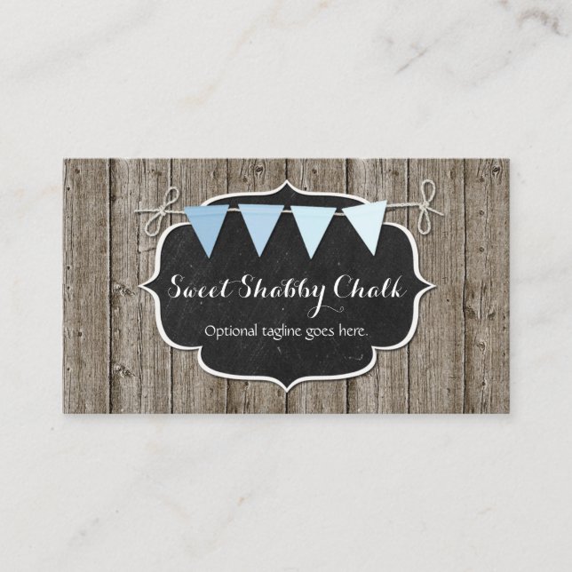 Rustic Wood & Shabby chic Chalkboard Blue Bunting Visitkort (Framsida)