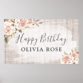 Rustic Wood & Shabby chic Ro Blommigt Birthday Poster