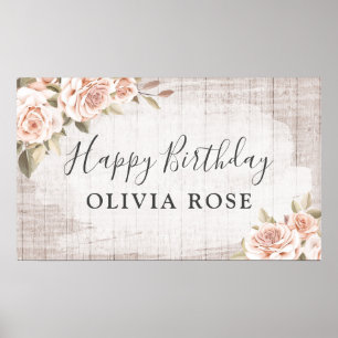 Rustic Wood & Shabby chic Ro Blommigt Birthday Poster