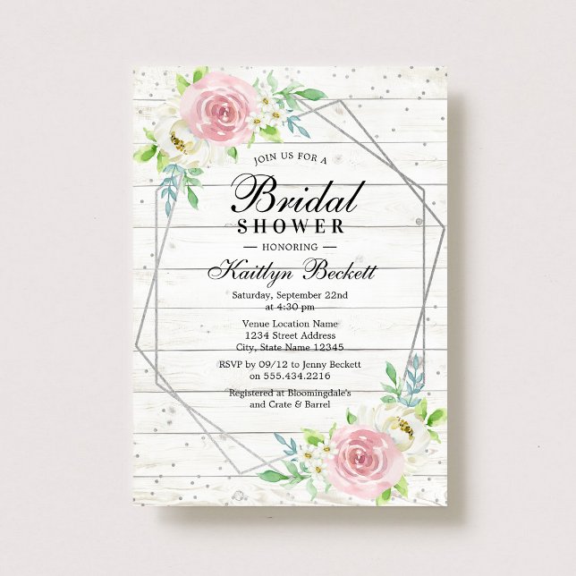 Rustic Wood Silver Foil Blommigt Möhippa Inbjudningar (Skapare uppladdad)