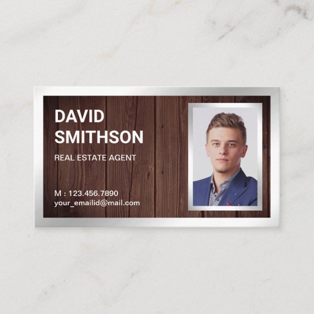 Rustic Wood Silver Foil Real Gods Realtor Photo Visitkort (Framsida)