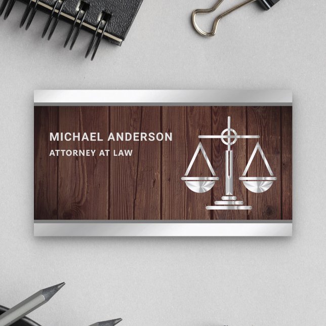 Rustic Wood Silver Justice  advokat Attorney Visitkort (Skapare uppladdad)
