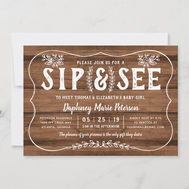 Rustic Wood Sip och See Baby Shower-inbjudan Inbjudningar (Framsida)