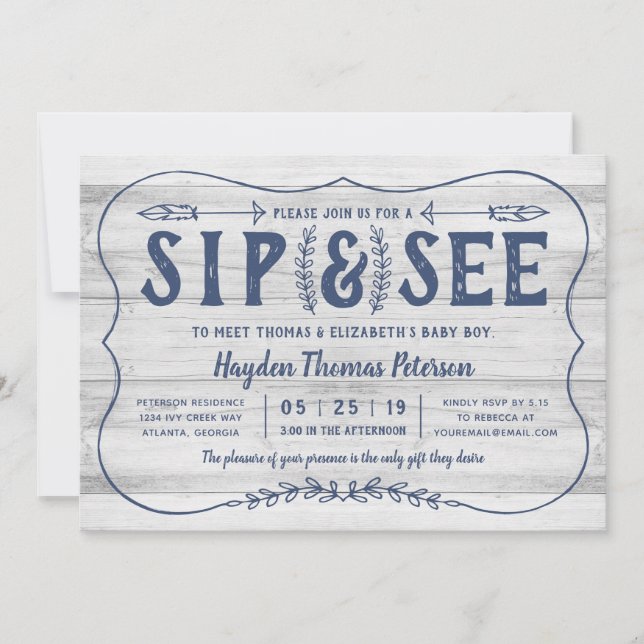 Rustic Wood Sip och See Baby Shower-inbjudan Inbjudningar (Framsida)
