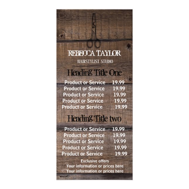 Rustic Wood Sissor Salon Pricing & Service Reklamkort (Framsidan)