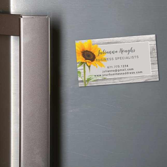 Rustic Wood Skriv ut solrosa - affärsmagnetkort (Rustic Wood Print Sunflower Business Magnet Card)