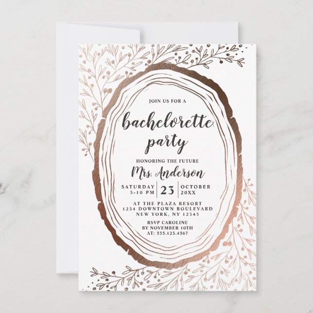 Rustic Wood Slice Copper Foil Bachelorette Party Inbjudningar (Framsida)