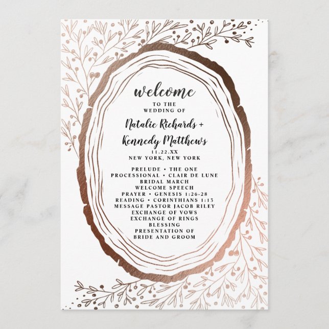 Rustic Wood Slice Copper Foil Bröllop Ceremony Program (Framsida)