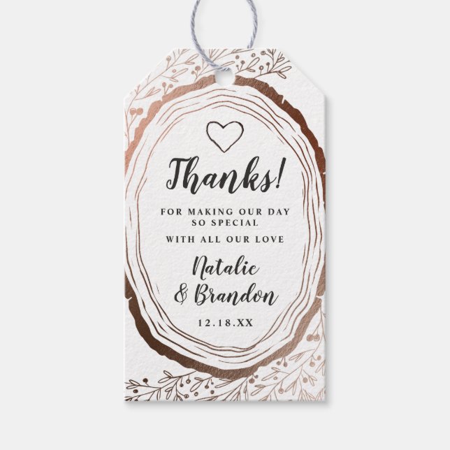 Rustic Wood Slice Copper Foil Bröllop Tack Presentetikett (Framsidan)