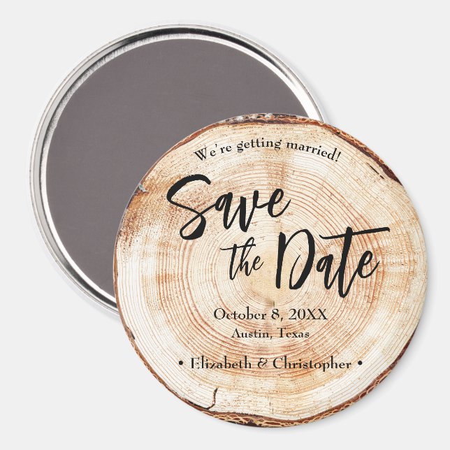 Rustic Wood Slice Custom Save the Date Wedding Magnet (Front/Back)