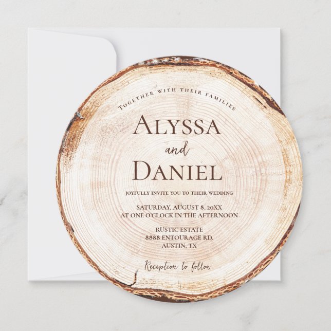 Rustic Wood Slice Editable Wedding Inbjudningar (Framsida)