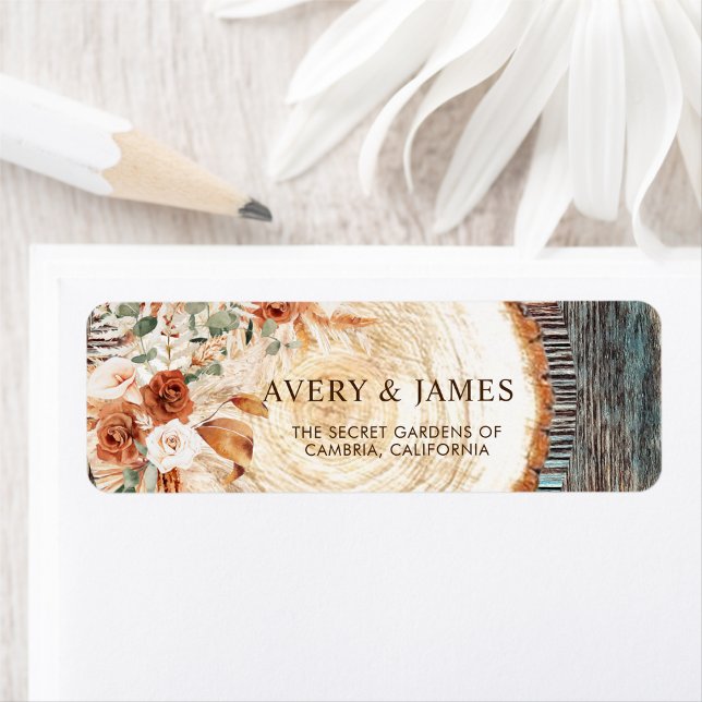 Rustic Wood Slice Pampas Floral Wedding Address Returadress Etikett (Skapare uppladdad)