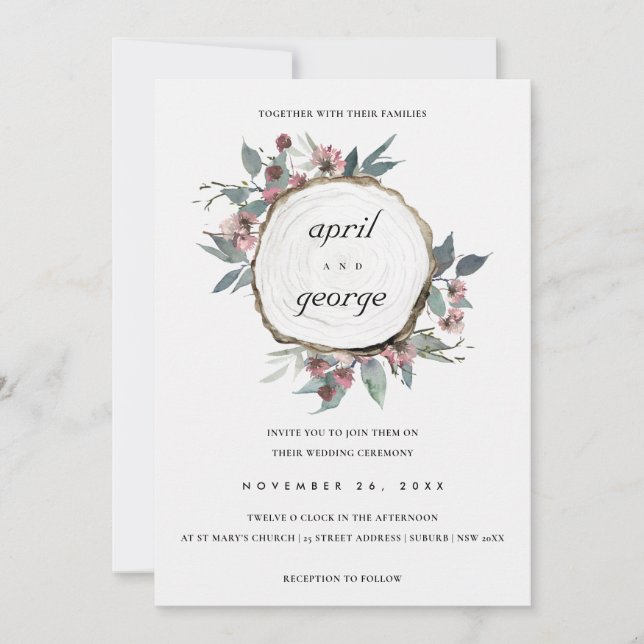 RUSTIC WOOD SLICE ROSA BLOMMIGT WEDDING INVITE TACK KORT (Framsida)