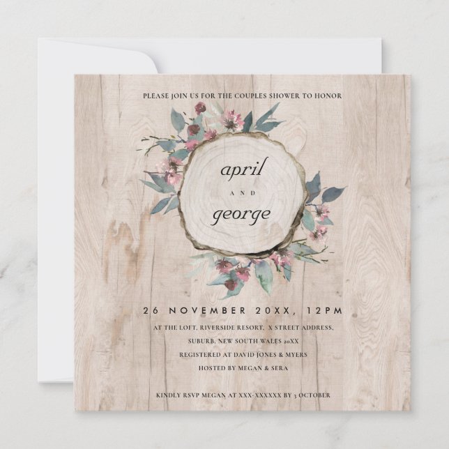 RUSTIC WOOD SLICE ROSA FLORA PAR SHOWER INBJUDAN (Framsida)