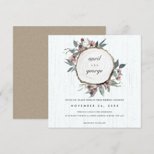 RUSTIC WOOD SLICE ROSA GRÖNT BLOMMIGT WEDDING INVI TACK KORT