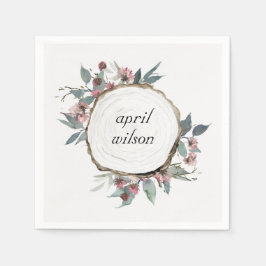 RUSTIC WOOD SLICE VILD ROSA BLOMMIGT EUCALYPTUS PAPPERSSERVETT