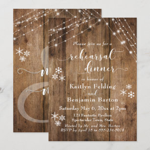 Rustic Wood, Snöflingor & Ljus Rehearsal Dinner Inbjudningar