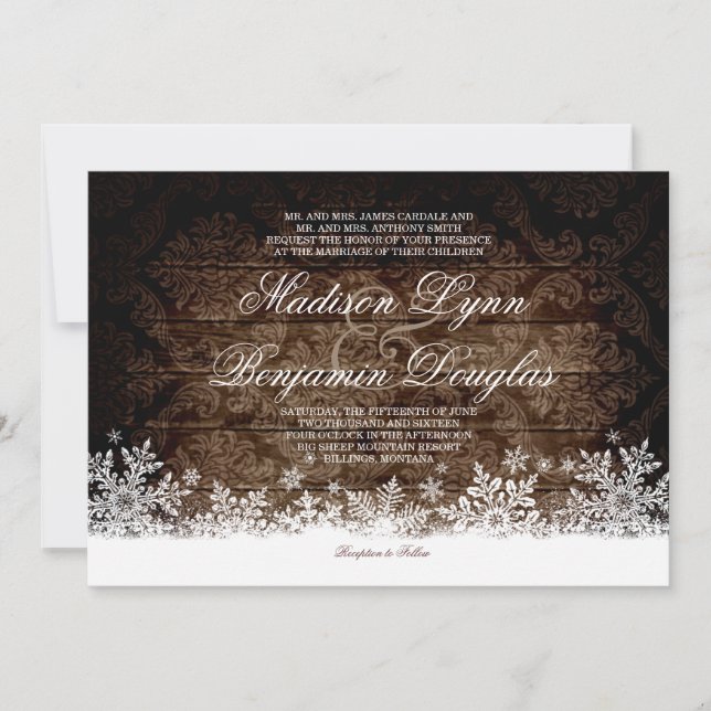 Rustic Wood Snöflingor Winter Wedding bjudits in Inbjudningar (Framsida)