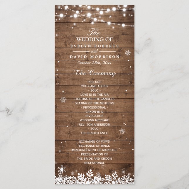 Rustic Wood Snöflingor Winter Wedding Program (Framsida)