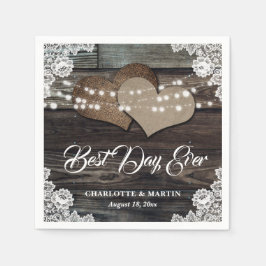 Rustic Wood Snöre 2 Burlap Hearts Bröllop Pappersservett