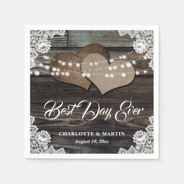 Rustic Wood Snöre 2 Burlap Hearts Bröllop Pappersservett (Framsidan)