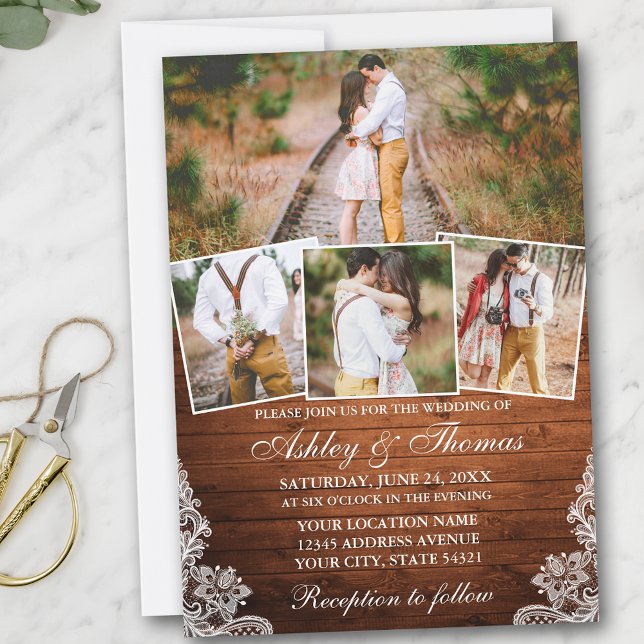 Rustic Wood Snöre 4 Photo Bröllop Inbjudningar (Customize to add more text or more photos to back of card.)