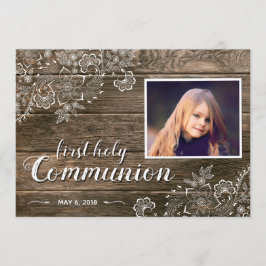 Rustic Wood Snöre First Communion Photo Inbjudan