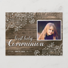 Rustic Wood Snöre First Communion Photo Investigat Inbjudan Vykort