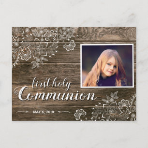 Rustic Wood Snöre First Communion Photo Investigat Inbjudan Vykort