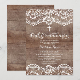 Rustic Wood Snöre First Heliga Communion Call Inbjudningar