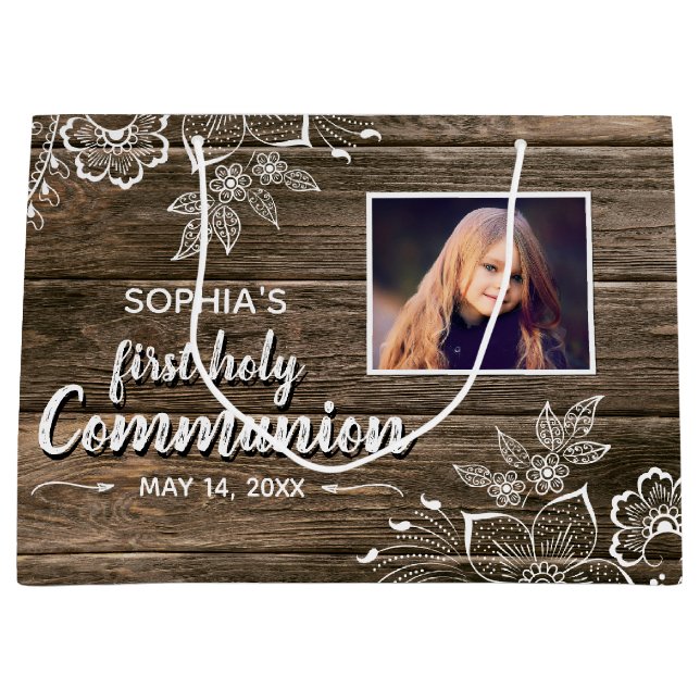Rustic Wood Snöre First Heliga Communion Photo (Framsidan)