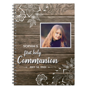Rustic Wood Snöre First Heliga Communion Photo Anteckningsbok