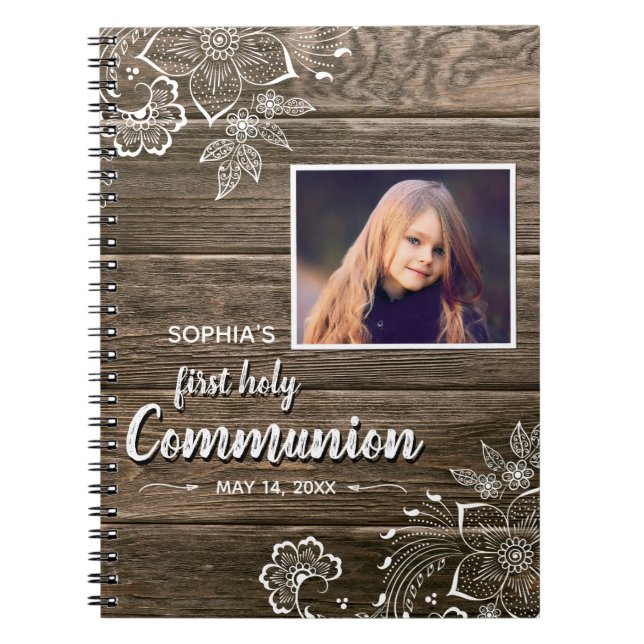 Rustic Wood Snöre First Heliga Communion Photo Anteckningsbok (Framsidan)