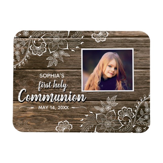 Rustic Wood Snöre First Heliga Communion Photo Magnet (Horisontell)