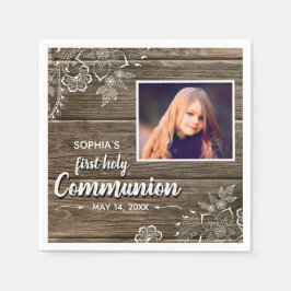 Rustic Wood Snöre First Heliga Communion Photo Pappersservett