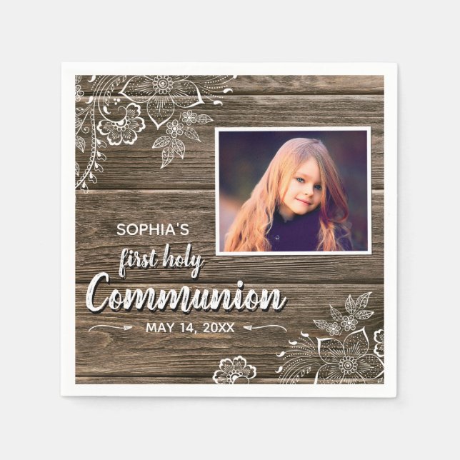 Rustic Wood Snöre First Heliga Communion Photo Pappersservett (Framsidan)