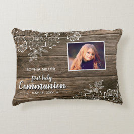 Rustic Wood Snöre First Heliga Communion Photo Prydnadskudde