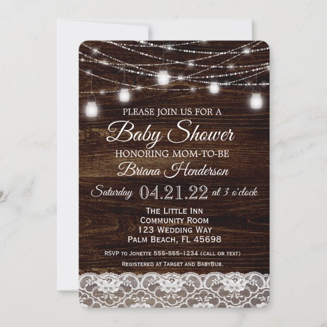 Rustic Wood Snöre Mason Burk Ljus Baby Shower Inbjudningar (Framsida)