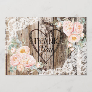 Rustic Wood Snöre Peony Heart Etching Tack Kort